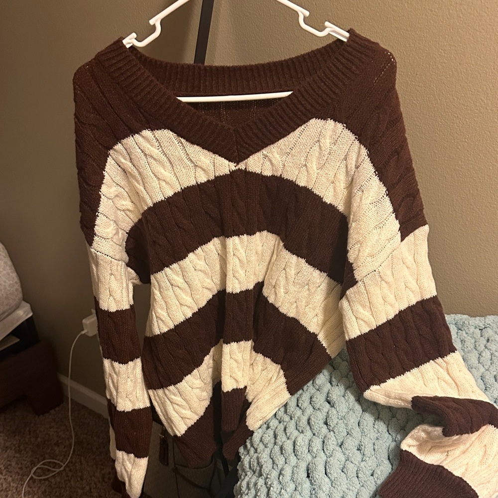 Brown and Cream Cable Knit V-Neck Sweater